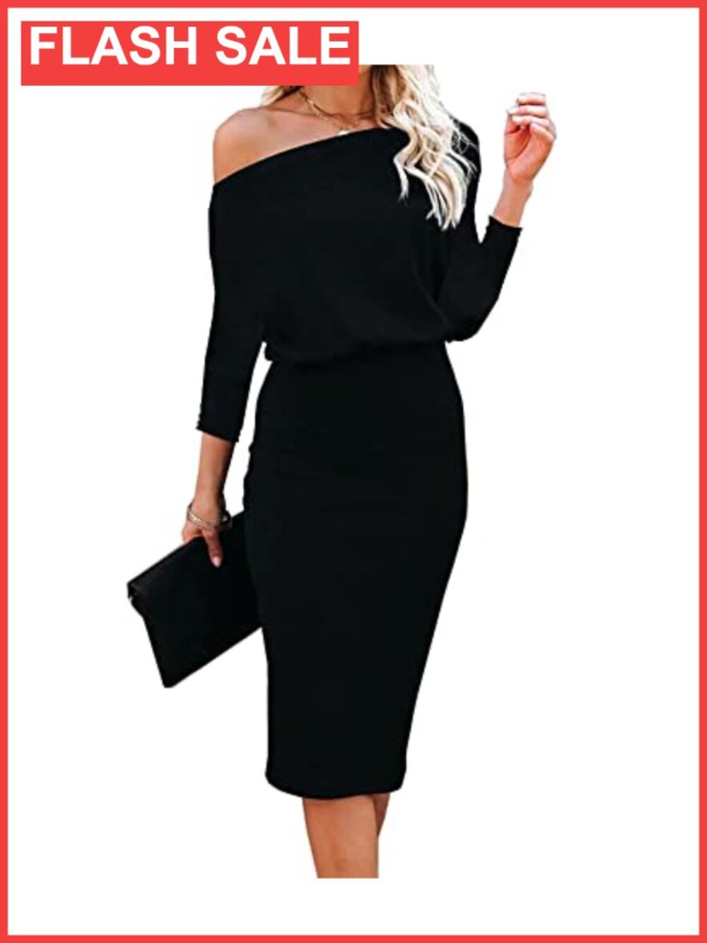 Off Shoulder Batwing Sleeve Midi Pencil Dress Ribbed Knit Bodycon